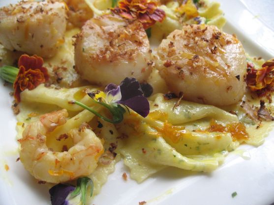 Post image for Scallops with Orange Vodka Shallot Sauce  with Homemade Citrus Tarragon Pasta