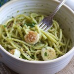 Anchovy Basil Pesto Sauce with Seared Scallops and Toasted Breadcrumbs by Angela Roberts
