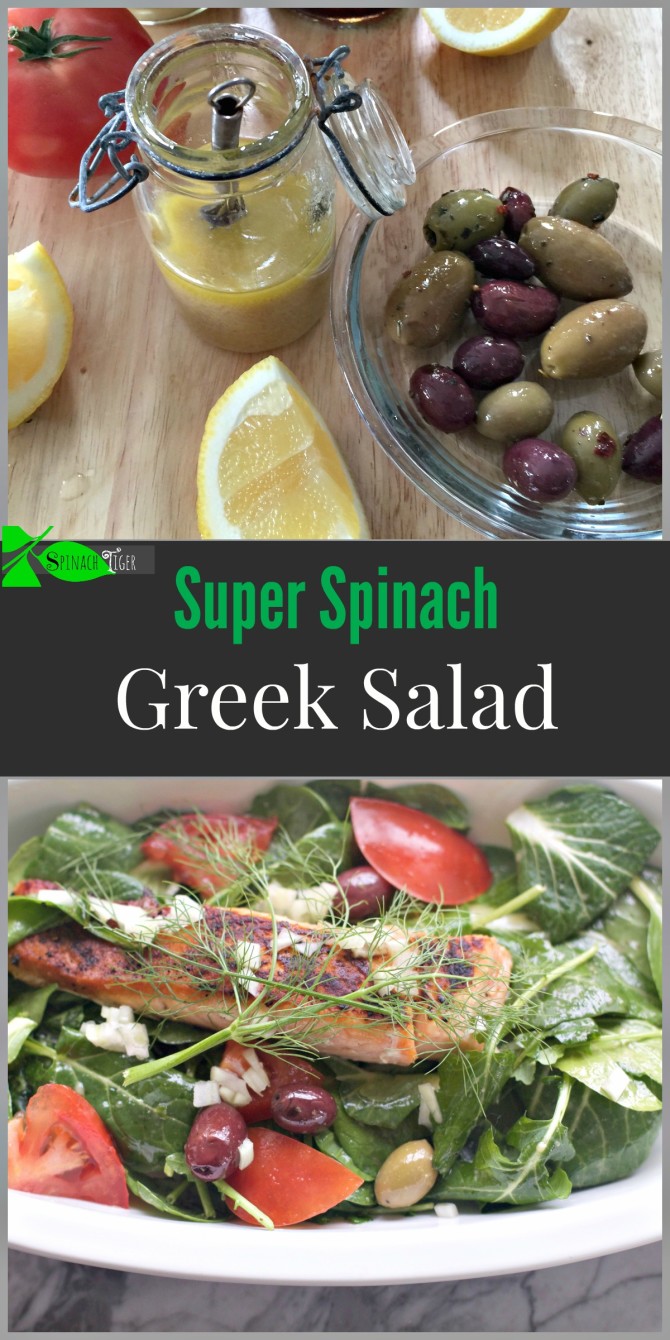 Super Spinach Greek Salad with Salmon and Lemony Dressing - Spinach Tiger