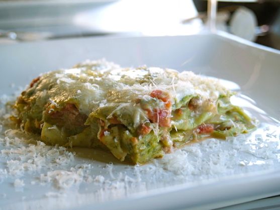 Baked Green Lasagna with Meat Sauce, Bolognese Style