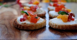 Honey Goat Cheese Crostini with Tomato Orange Basil Salsa and Crispy Prosciutto