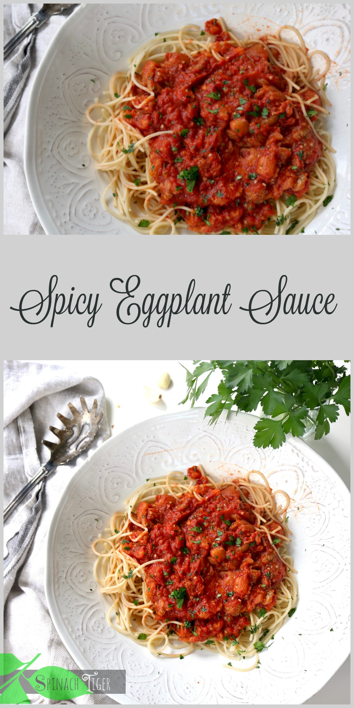 Spaghetti with Spicy Eggplant Sauce from Spinach Tiger