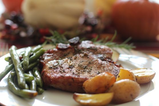 Baked Pork Chops with Rosemary, Apples and Caramelized Onions