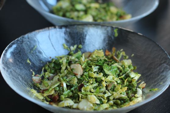 Shredded Brussels Sprouts Salad with Baby Peas, Toasted Almonds and Lemon