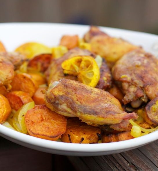 Chicken Thighs with Sweet Potatoes, Turmeric, Lemon