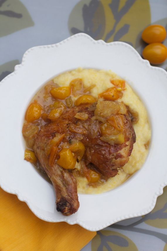 Pan Roasted Chicken with Golden Grape Tomato Agrodolce (Sweet and Sour) with Polenta