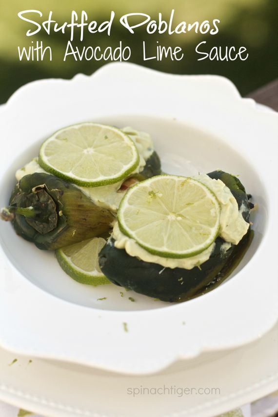 Chicken Stuffed Poblano Pepper with Avocado Sauce by Angela Roberts