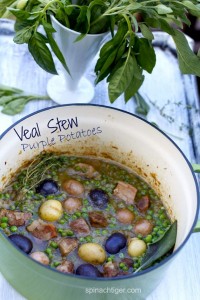 Veal Stew with Onion Sauce, Sage, Peas and Purple Potatoes on the Lighter Side