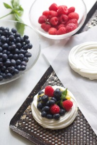 Pavlova Cups with Basil Lime Cream, Fresh Berries