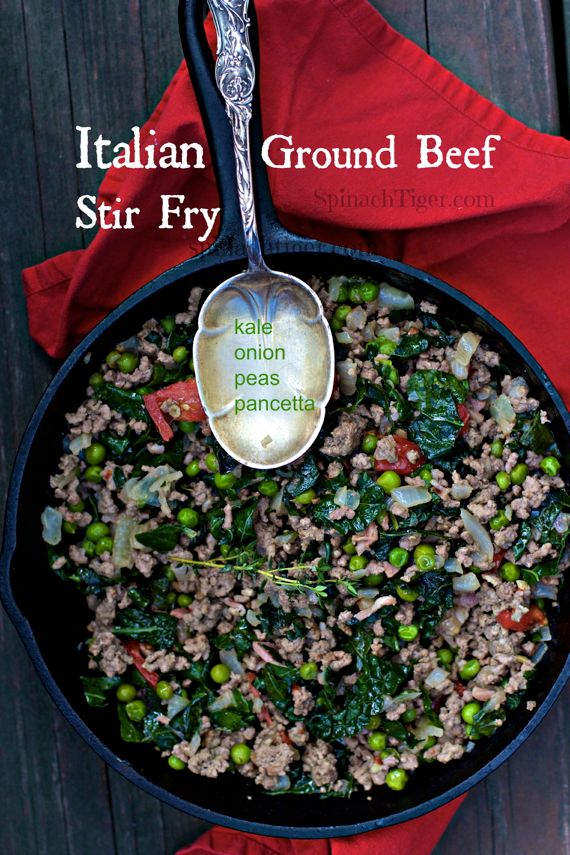 Ground Beef Italian Style with Pancetta, Kale, Peas, by Angela Roberts