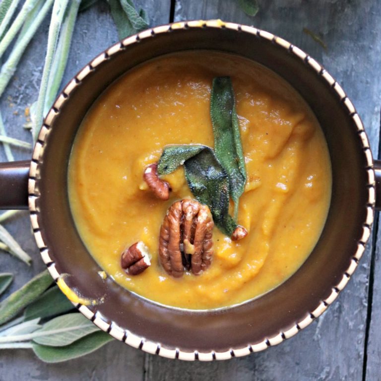 Roasted Butternut Squash Soup with Browned Butter Sage Leaves, Pecans