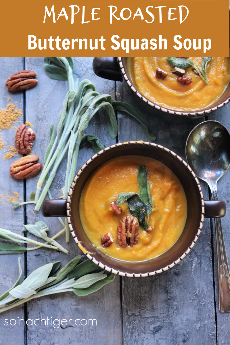 Easy to make butternut squash soup. Roast with apple, onion. Add maple syrup, garnish with fried sage and roasted pecan garnish. #butternutsquashsoup #soup #dairyfreesoup #butternutsquashrecipe #sage #spinachtiger via @angelaroberts