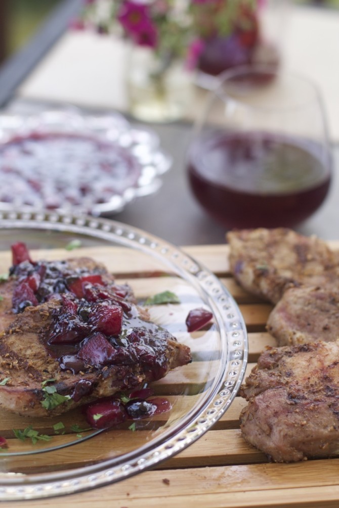 Grilled Rib Eye Pork Chops with Fennel Coriander Rub and Blueberry Peach Compote by Angela Roberts