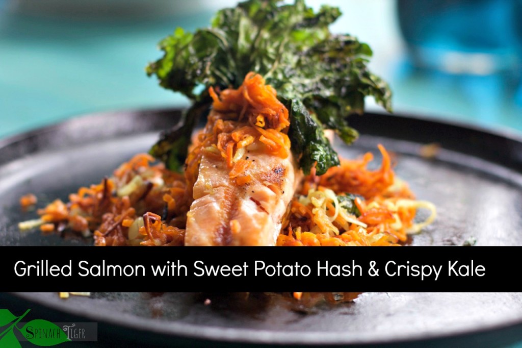 Grilled Salmon with Sweet Potato Hash Crispy Kale