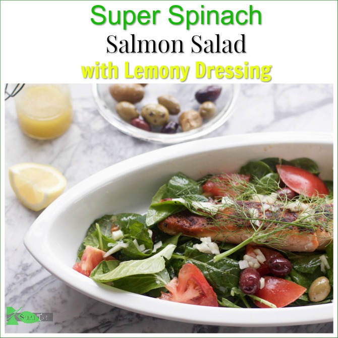 Super Spinach Greek Salad with Salmon and Lemony Dressing