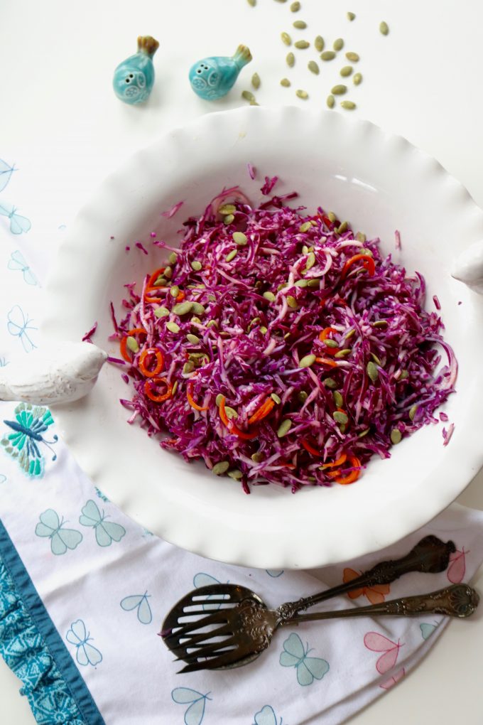 How to make healthy red cabbage salad recipe with shallot vinaigrette from Spinach Tiger