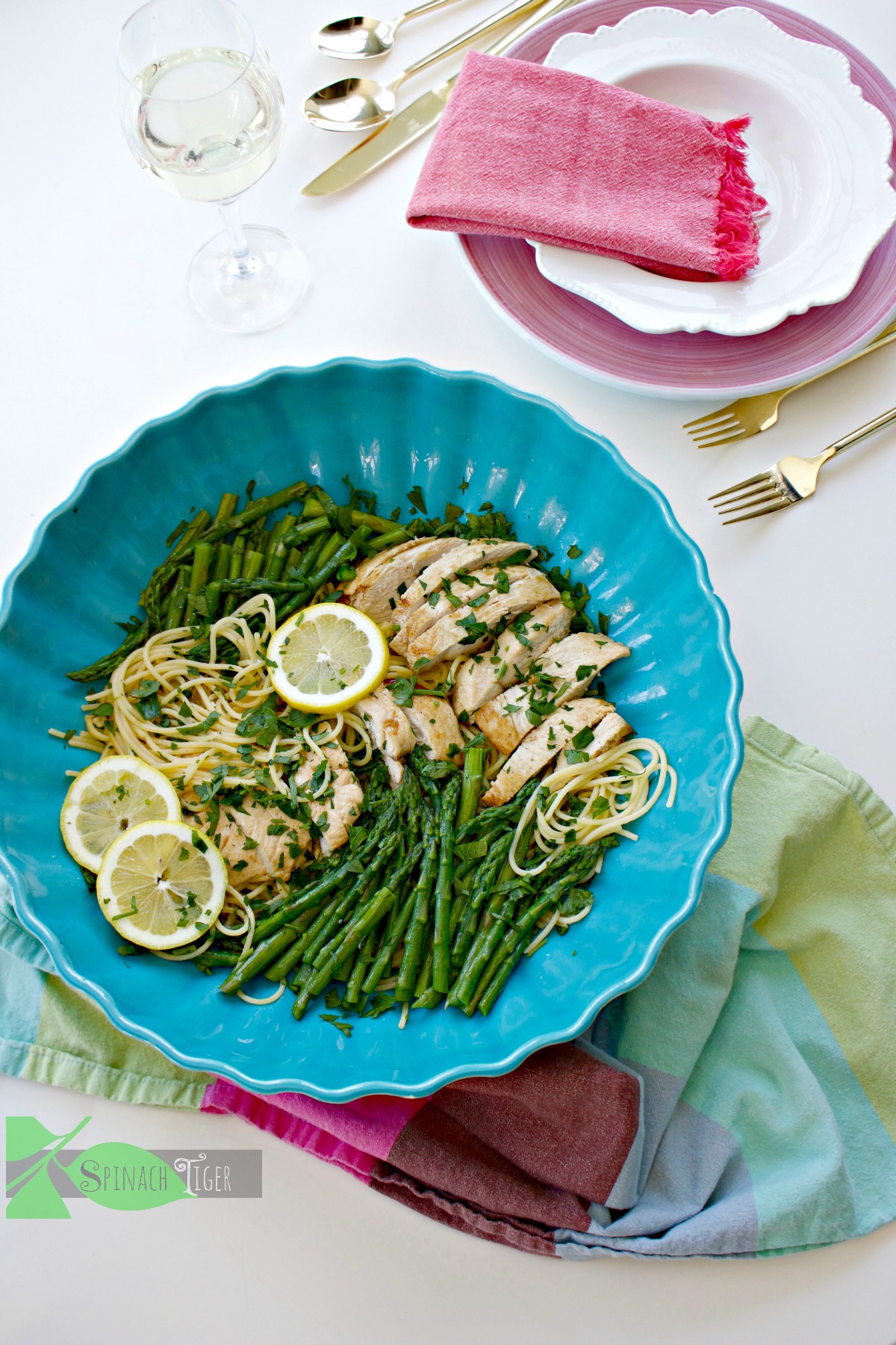 healthy chicken asparagus pasta recipe from Spinach Tiger