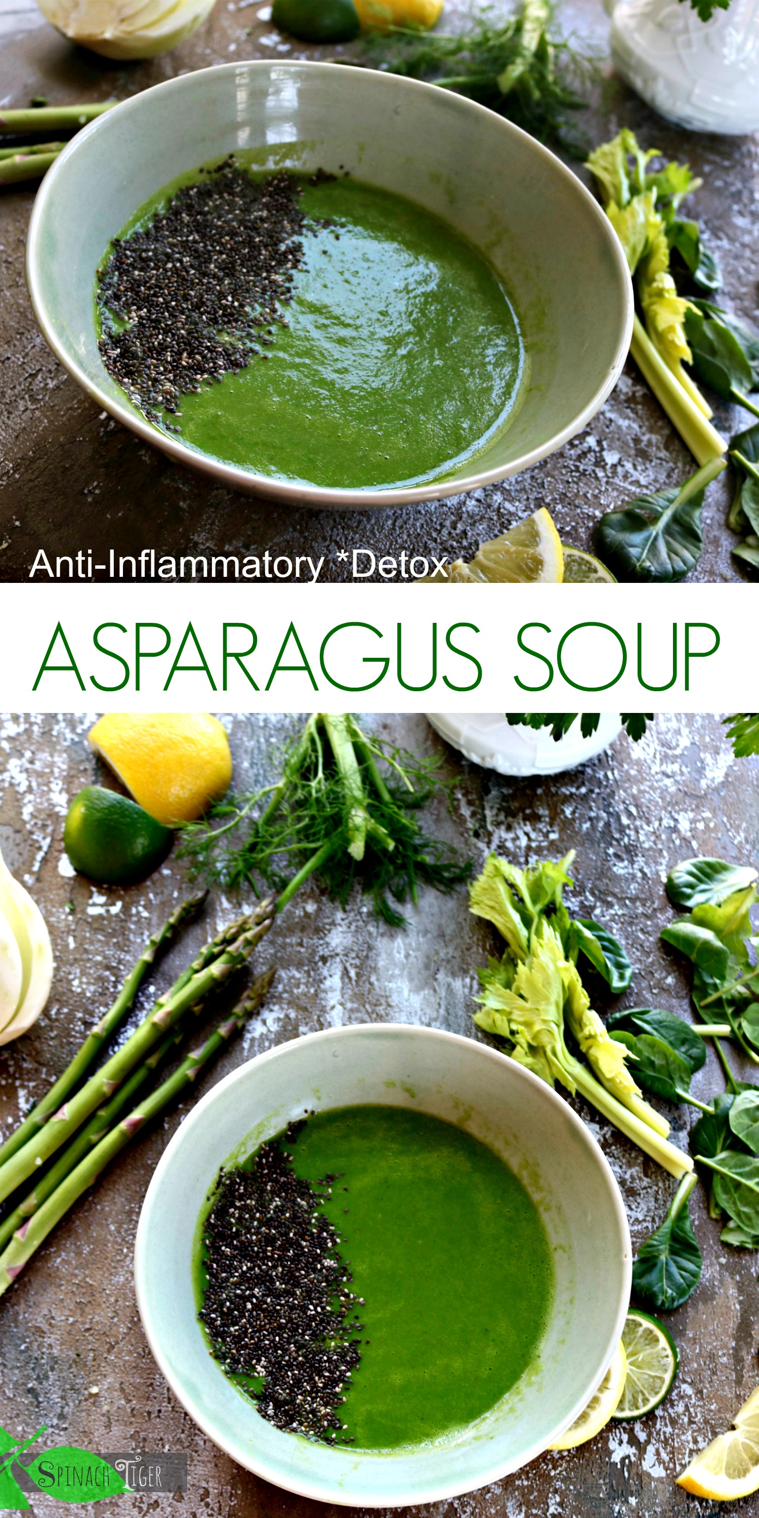 This Healthy Asparagus Soup Recipe is ant-inflammatory, Paleo, Vegan, and Easy from Spinach Tiger