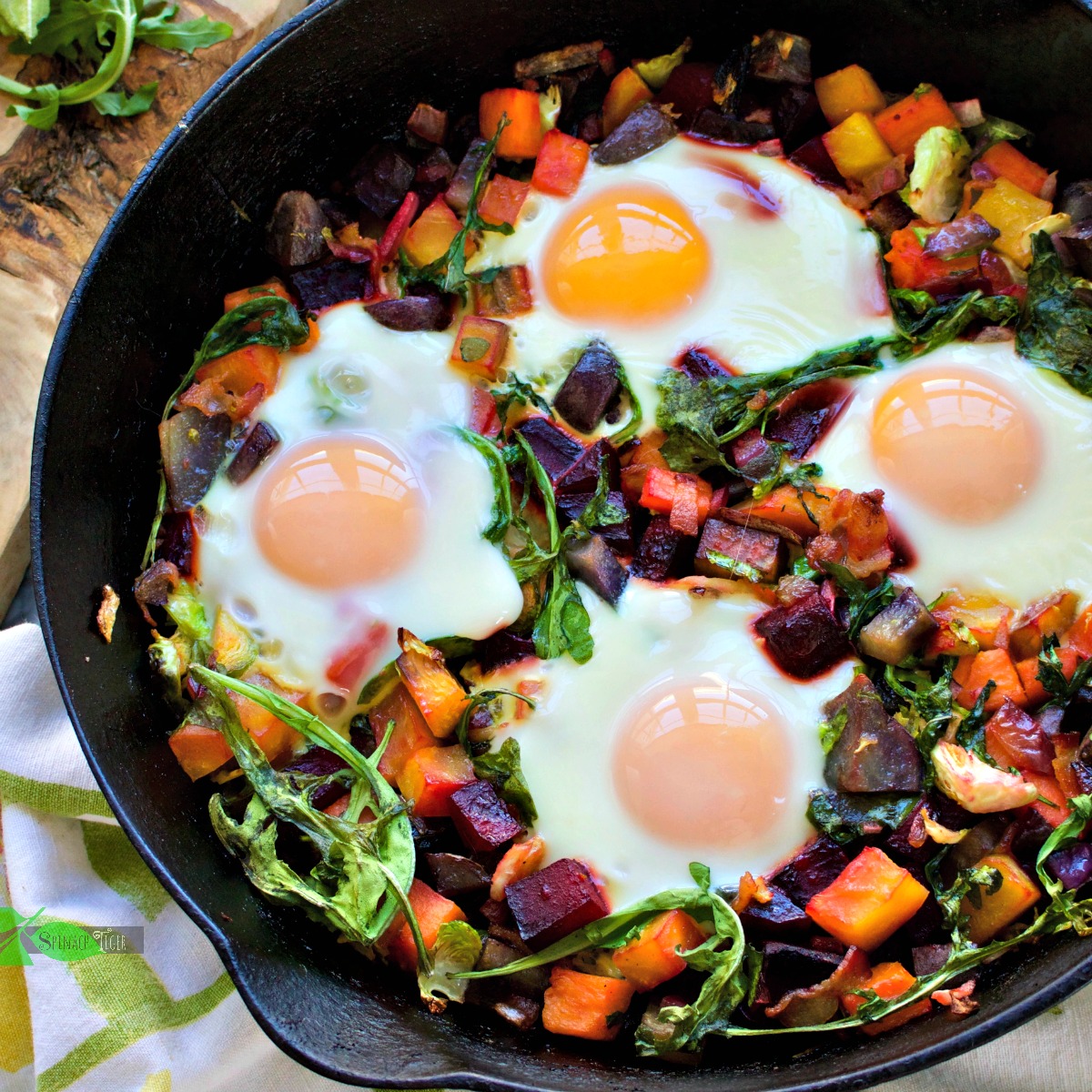 Red Flannel Hash with Oven Fried Eggs - Spinach Tiger