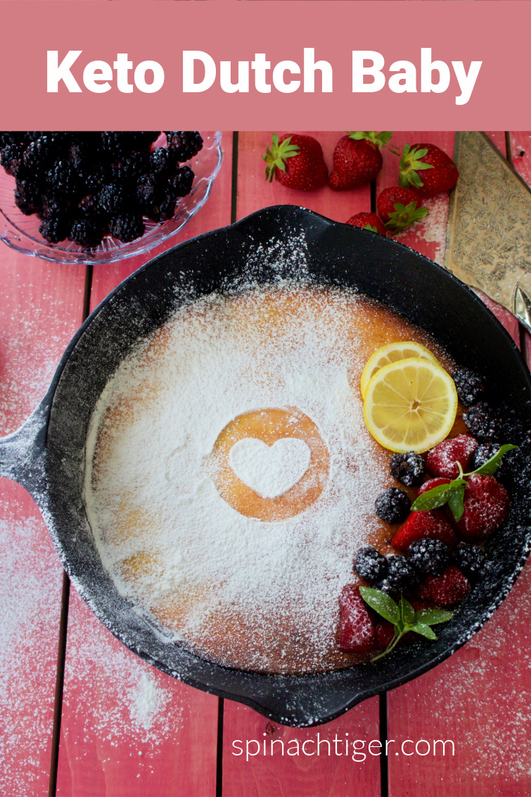 Keto Dutch baby, a large easy to make baked pancake, made with almond flour, coconut flour, sour cream and eggs. #lowcarbpancake #ketopancake via @angelaroberts