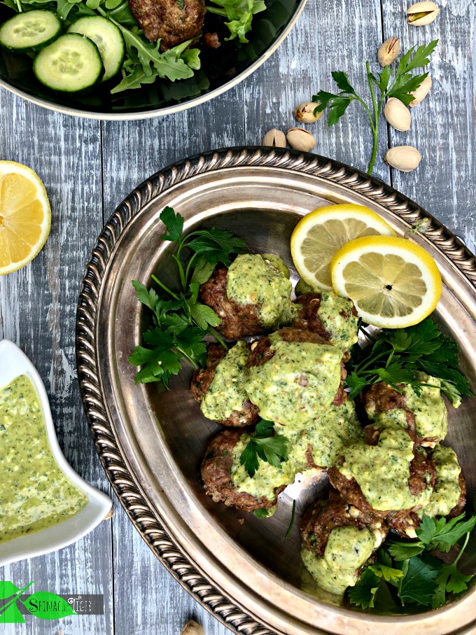 Pistachio Mint Pesto with Greek Feta Lamb Meatballs from Spinach Tiger