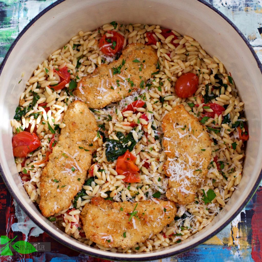 Italian Chicken Tenders with Orzo Pasta, Roasted Tomatoes Spinach