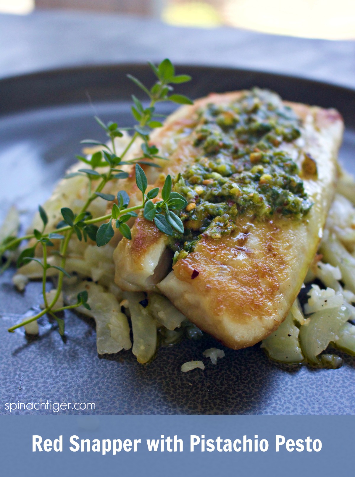 Baked Red Snapper Recipe with Pistachio Pesto with Cauliflower Rice from Spinach TIger 