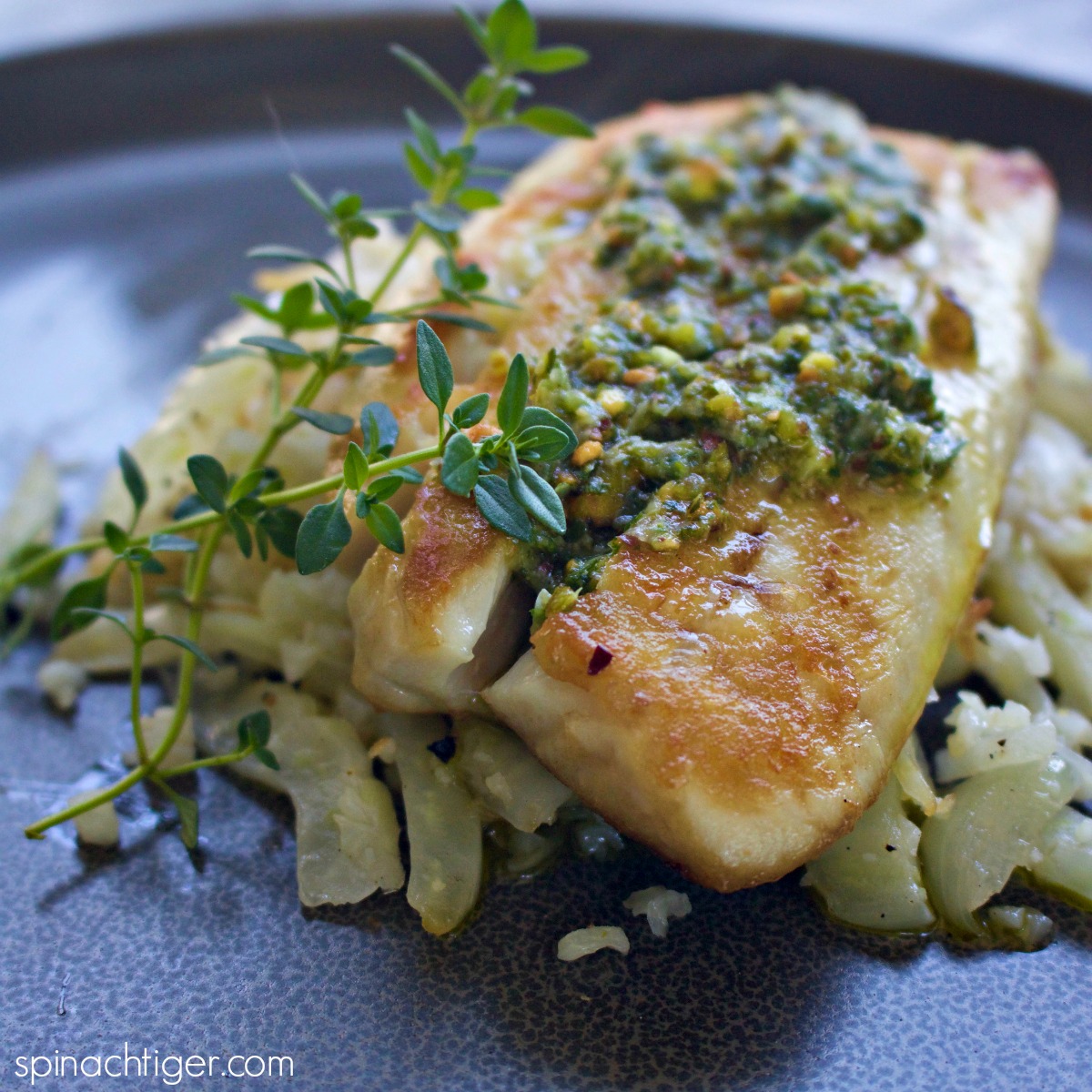 Baked Red Snapper Recipe with Pistachio Pesto with Cauliflower Rice from Spinach TIger 