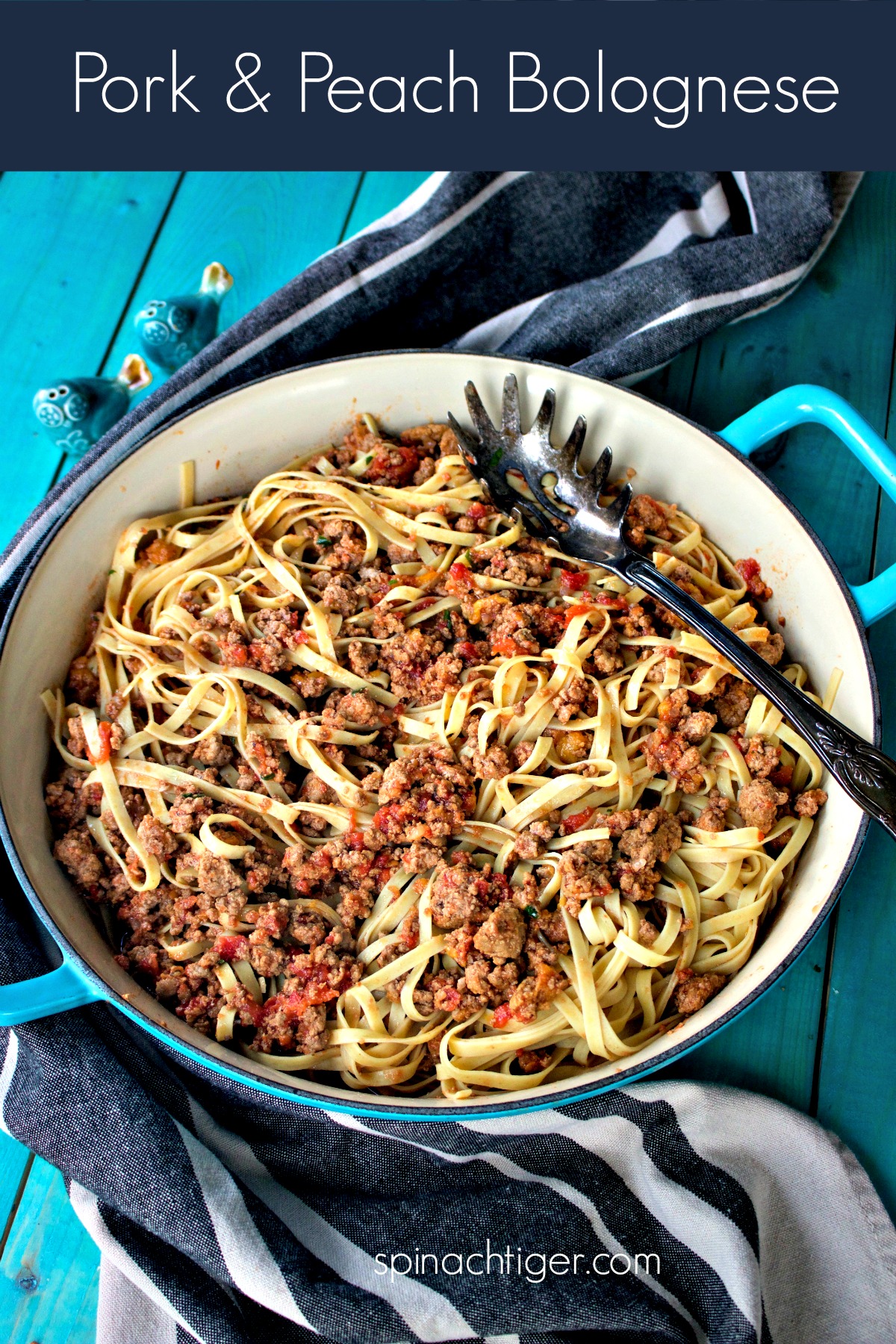 Pork and Peach Bolognese from Spinach Tiger. #Italianfood #pasta #bolognese #pork #peaches