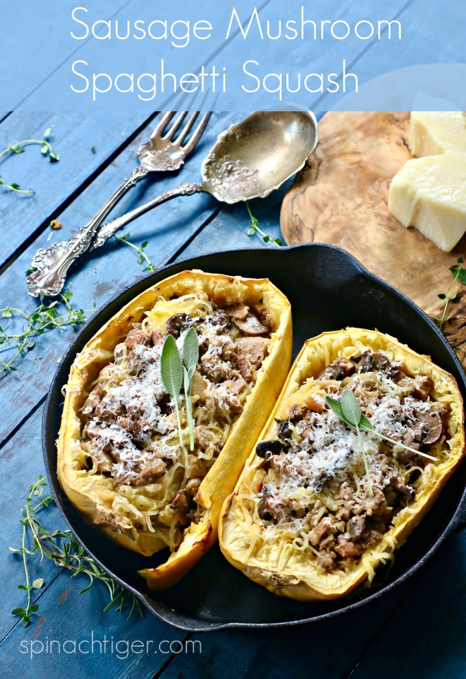 Italian Sausage Spaghetti Squash Casserole Recipe (Low Carb) from Spinach Tiger #spaghetti squash #squash #sausage #mushrooms #easydinner #keto #lowcarb #paleo