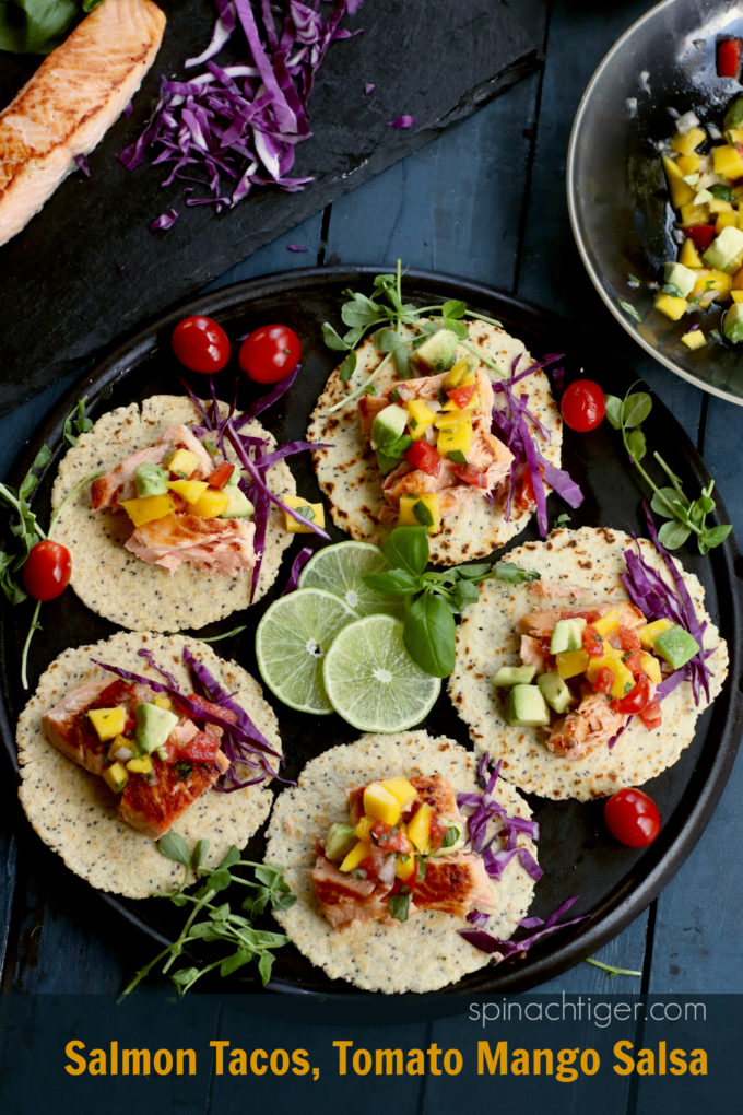 Salmon Tacos with Mango Tomato Salsa from Spinach Tiger