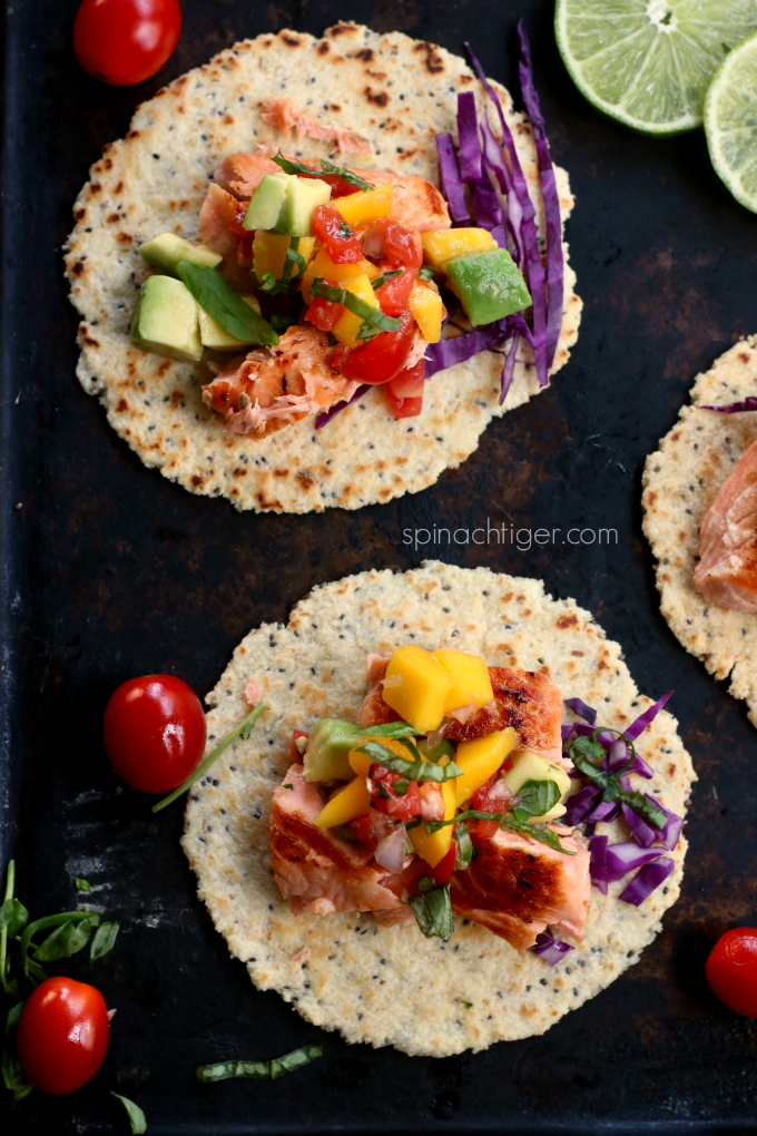 Pan Seared Salmon Tacos with Mango Tomato Salsa from Spinach Tiger