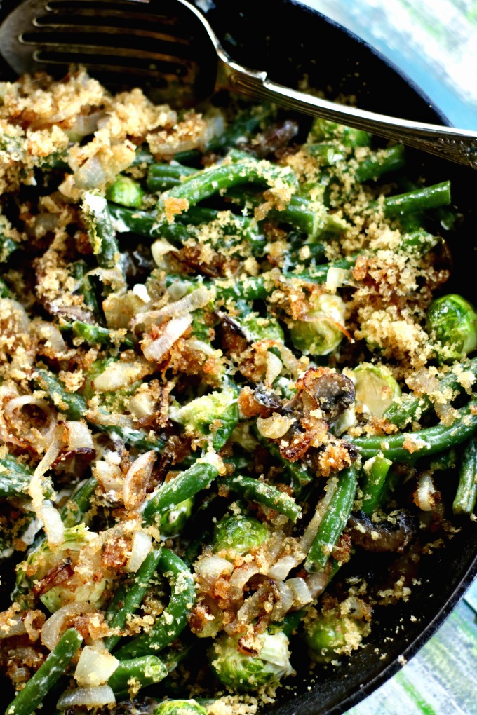 Green Beans Casserole with Brussels Sprouts and Bacon
