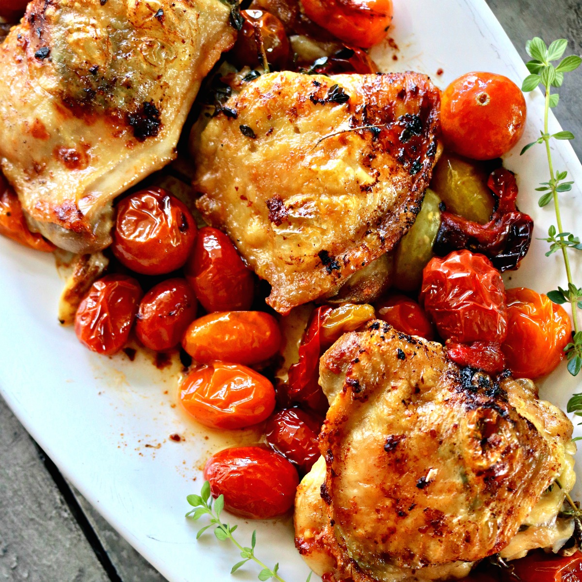 Cast Iron Pan Roasted Chicken Thighs with Roasted Tomatoes