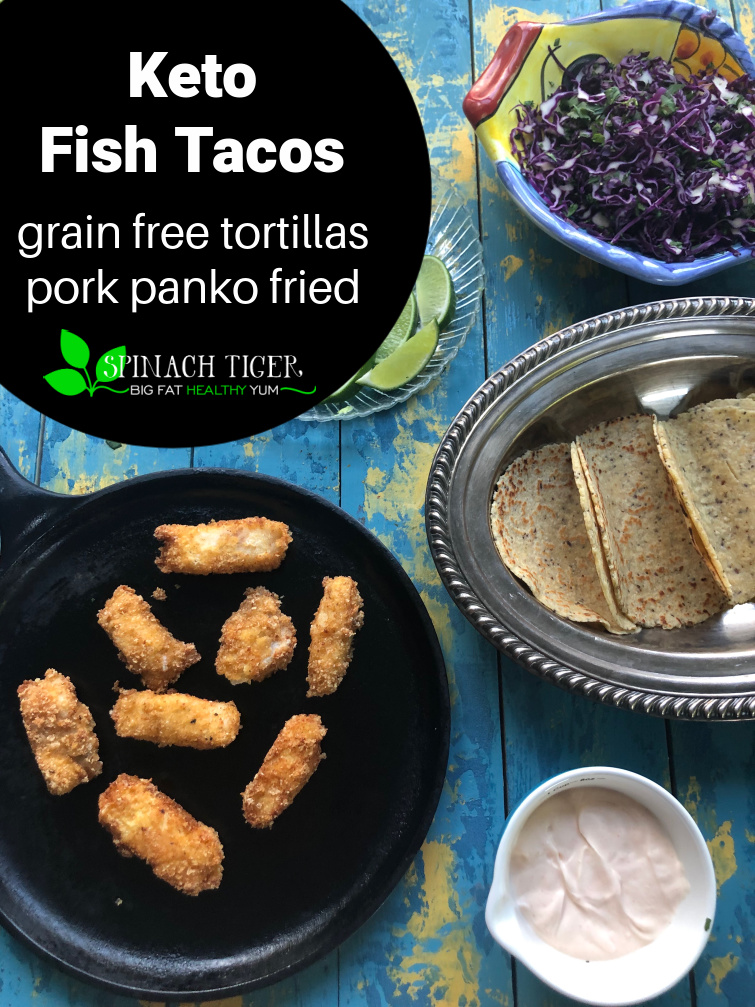 Keto Fish Tacos. Fry fish with Pork Panko (or grind pork rinds). Recipe for my amazing grain free tortillas. Keto, grain free, low carb, paleo, and diabetic friendly. Ketotacos #grainfreerecipe #diabeticfriendly #spinachitger via @angelaroberts