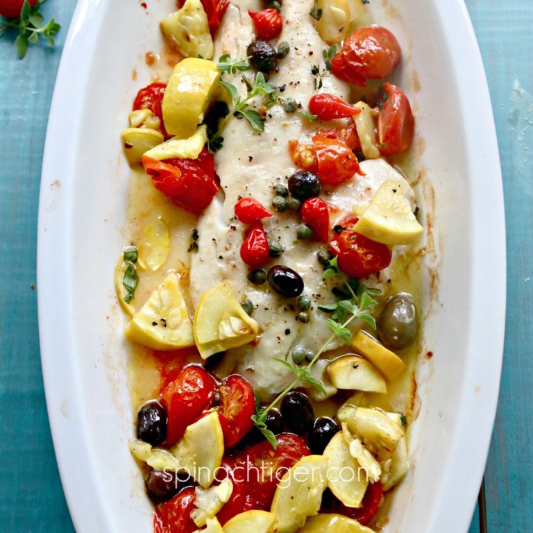 Baked Wild Alaskan Black Bass Recipe with Olives, Tomatoes, Capers