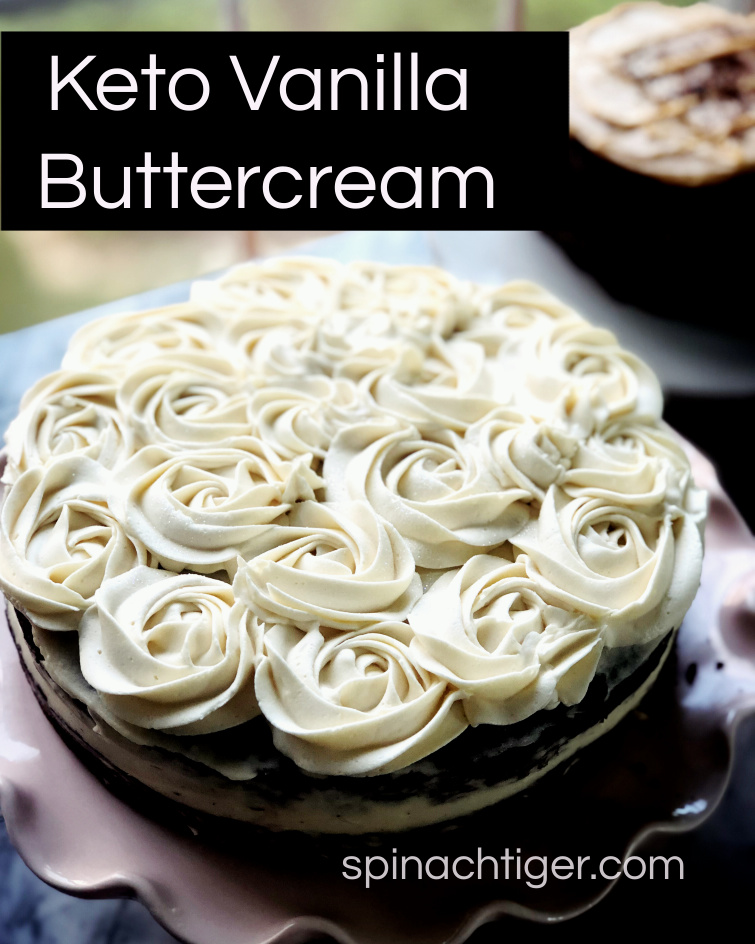 Low Carb Vanilla Buttercream made with Swerve Confectioner's Sweetener, butter, cream cheese. Tutorial on how to make easy rosettes. Recipe from a keto bakery owner. #ketobuttercream #ketofrosting #lowcarbfrosting #spinachtiger #swerve via @angelaroberts