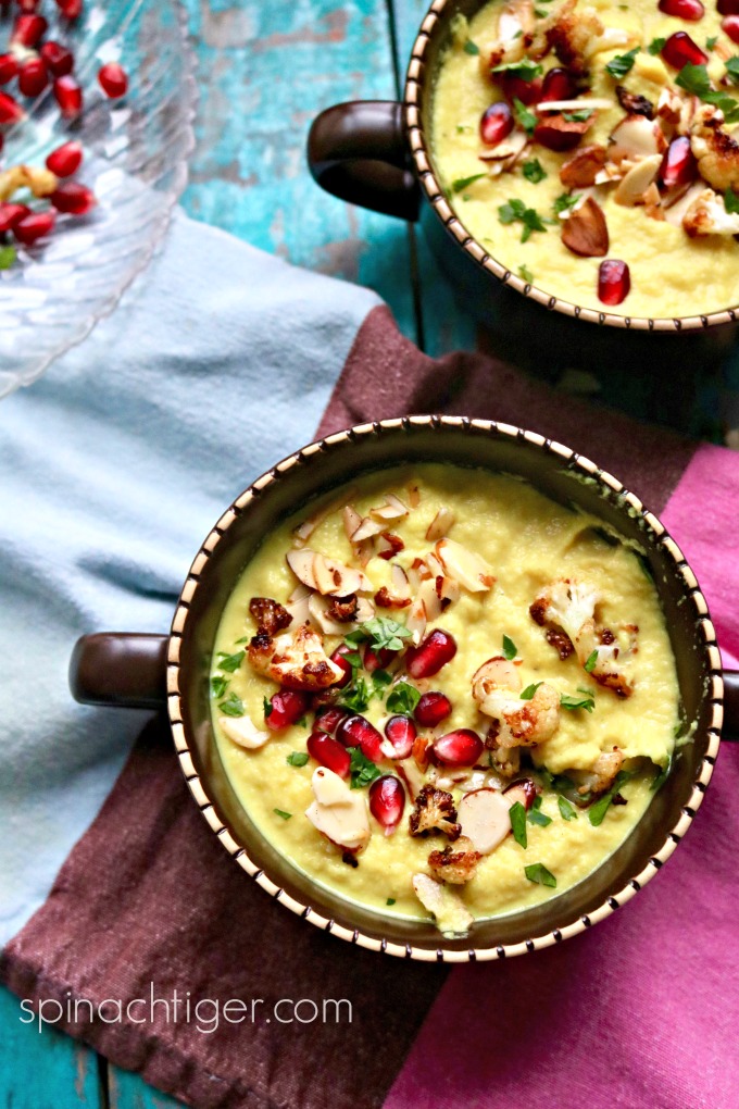 Turmeric Golden Cauliflower Soup with Almonds and Pomegranate