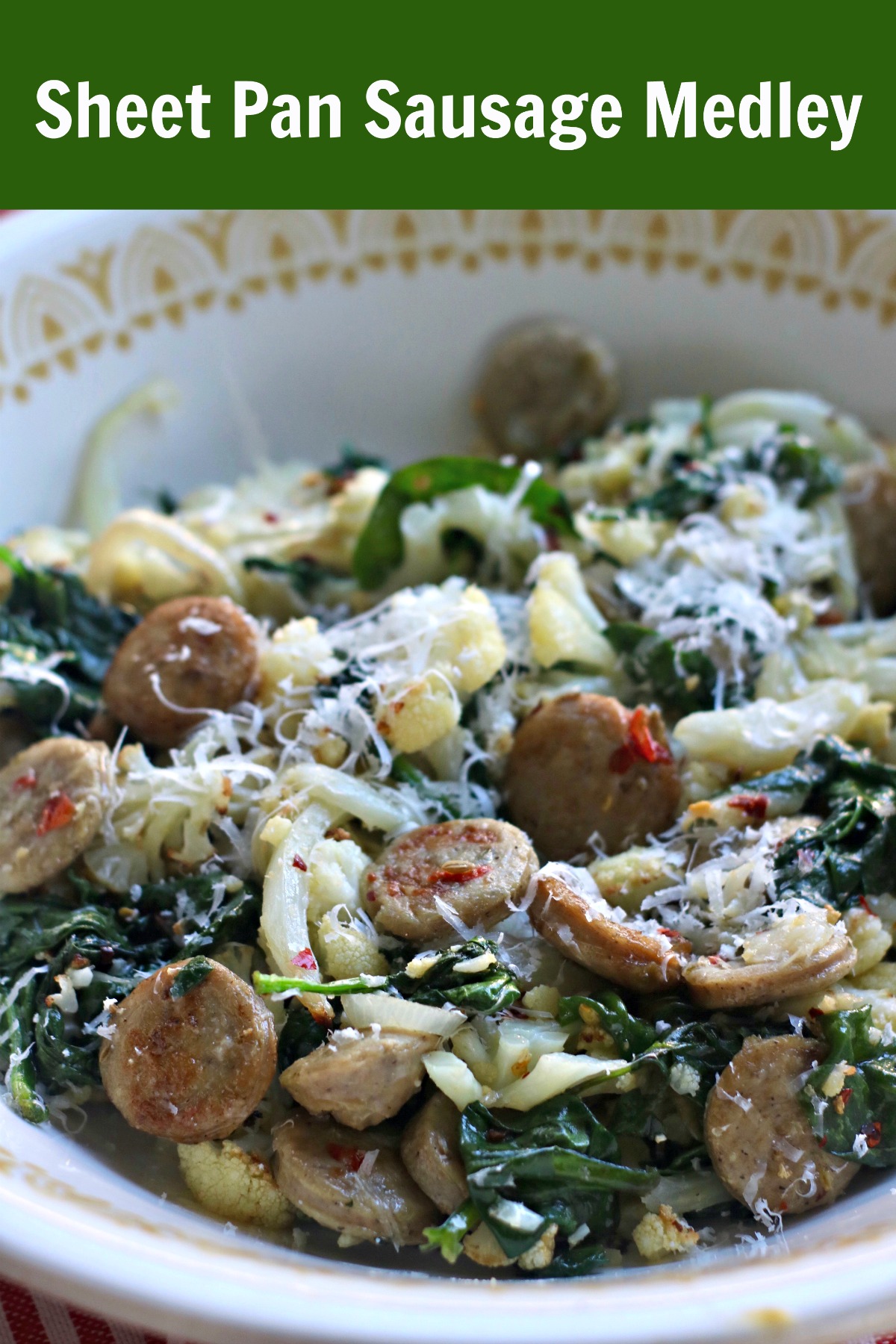 #ad Easy Sheet Pan or Air fryer Dinner with Al Fresco Italian Chicken Sausage, spinach, onion, and cauliflower. Made in twenty mintues. #ketodinner #easydinner #chickensausage #Italiansausagerecipe #Easydinnerrecipe #lowcarbdinner #ketodinner via @angelaroberts