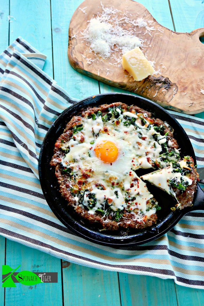 Keto Sausage Crusted Pizza with Broccoli Rabe and Fried Egg