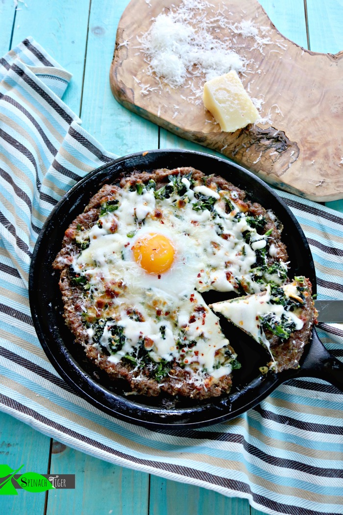 Keto Sausage Crusted Pizza with Broccoli Rabe and Fried Egg
