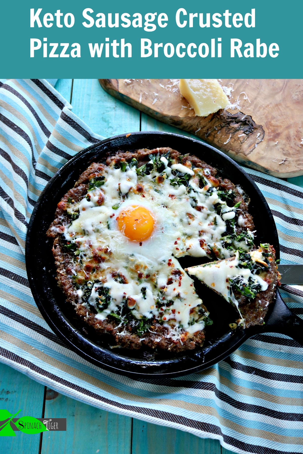 Keto Sausage Crusted Pizza with Broccoli Rabe and Fried Egg