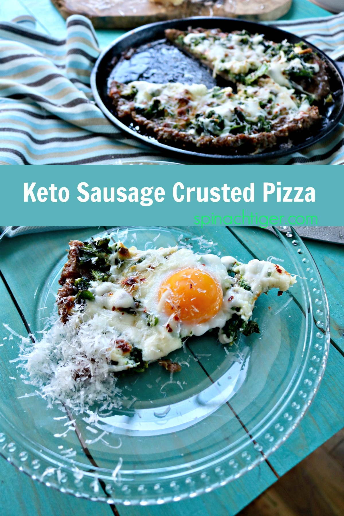 Keto Sausage Crusted Pizza with Broccoli Rabe Spinach Tiger