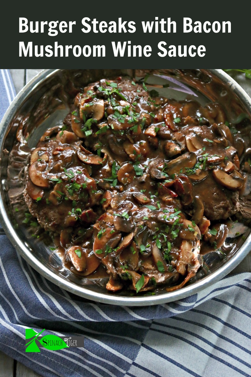 Perk up your ground beef or cheaper steak cut with this Bacon Mushroom Wine Sauce. #mushrooms #groundbeefideas #steakmushroomsauce #spinachtiger via @angelaroberts