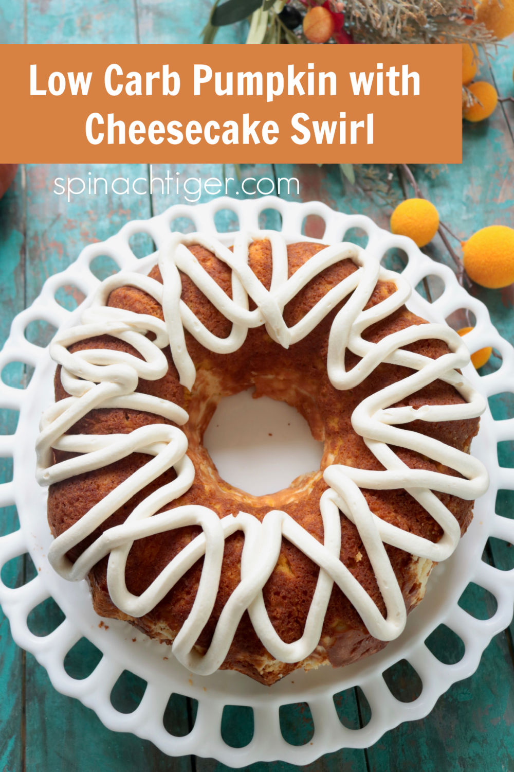 Low Carb Pumpkin Bundt Cake filled with cream cheese. Keto friendly. Tips for how to make a bundt cake and successfully release it. #lowcarbpumpkinbundt #ketopumpkinbundt #spinachtiger #glutenfree via @angelaroberts