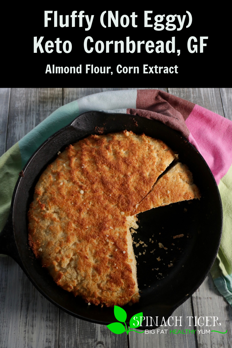 Keto cornbread made with almond flour, golden flax, corn extract. Perfect texture using egg whites, (no yolks) so NOT EGGY. Use this cornbread to make stuffing too. (recipe link included). Gluten free, grain free, Paleo, sugar free. #ketocornbread #cornbread #ketobread #cornextract #spinachtiger via @angelaroberts