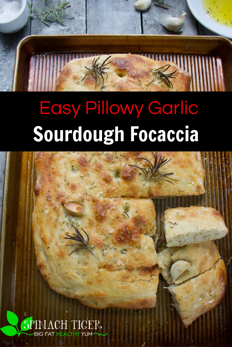 Easy to Make Sourdough Focaccia with fresh garlic, rosemary and flaked sea salt. Using Emilie Raffa's recipe, it's approachable and perfect. #spinachtiger #sourdoughrecipe #sourdoughfocaccia #focaccia via @angelaroberts