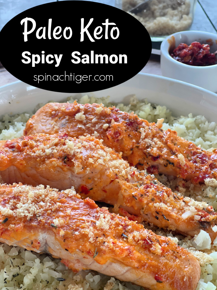 Easy 10 minutes dinner. Spicy Salmon made with Trader Joe's Bomba Sauce, Mayonnaise, Pork Panko for a gourmet easy dinner from Spinach TIger. Keto friendly. Paleo. Gluten free. #traderjoes #bombasauce #salmonrecipe #ketorecipe via @angelaroberts