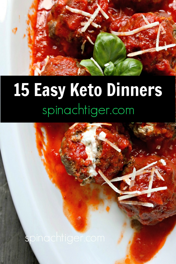 Easy low carb dinners (keto friendly, gluten free) featuring, steak, chicken, shrimp, salmon, most made in 30 minutes or less. #spinachtiger #lowcarbdinners #ketodinners #ketodinnerideas via @angelaroberts