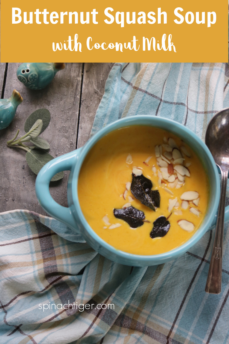 Copycat True Food Kitchen Butternut Squash Soup. Fresh Ginger, Coconut Milk, Cayenne, Turmeric make for a creamy and delicious vegan soup. #Truefoodkitchen #butternutsquashsoup #vegan #coconutmilk #butternutsquash #spinachtiger via @angelaroberts